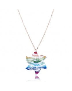 Hollow Colorful Wooden Flower Pendant Design High Fashion Costume Necklace