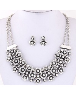 Rhinestone Inlaid Vintage Flowers Cluster Dual Layers Chain Costume Necklace and Earrings Set - Silver
