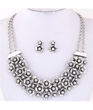 Rhinestone Inlaid Vintage Flowers Cluster Dual Layers Chain Costume Necklace and Earrings Set - Silver