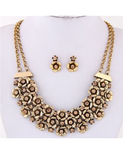Rhinestone Inlaid Vintage Flowers Cluster Dual Layers Chain Costume Necklace and Earrings Set - Golden