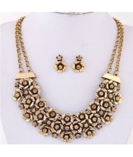 Rhinestone Inlaid Vintage Flowers Cluster Dual Layers Chain Costume Necklace and Earrings Set - Golden