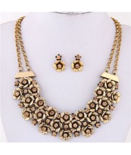Rhinestone Inlaid Vintage Flowers Cluster Dual Layers Chain Costume Necklace and Earrings Set - Golden
