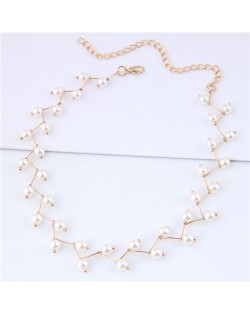 Pearl Inlaid Graceful Korean Fashion Women Costume Necklace - Golden