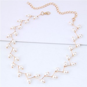 Pearl Inlaid Graceful Korean Fashion Women Costume Necklace - Golden