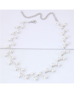 Pearl Inlaid Graceful Korean Fashion Women Costume Necklace - Silver