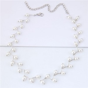 Pearl Inlaid Graceful Korean Fashion Women Costume Necklace - Silver