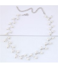 Pearl Inlaid Graceful Korean Fashion Women Costume Necklace - Silver
