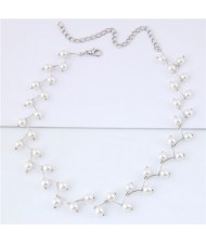 Pearl Inlaid Graceful Korean Fashion Women Costume Necklace - Silver