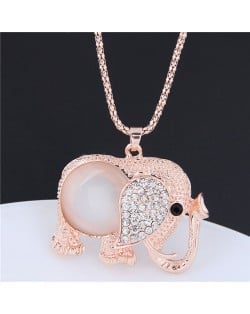 Rhinestone and Opal Embellished Golden Elephant Pendant Long Chain Fashion Necklace