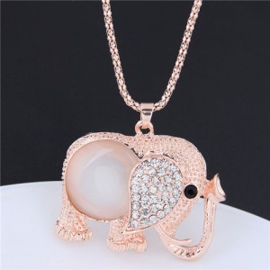 Rhinestone and Opal Embellished Golden Elephant Pendant Long Chain Fashion Necklace