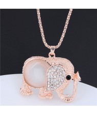 Rhinestone and Opal Embellished Golden Elephant Pendant Long Chain Fashion Necklace
