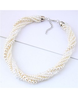 Pearls and Artificial Crystal Beads All-over Thick Chain Fashion Statement Necklace