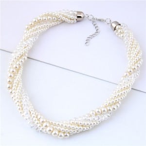 Pearls and Artificial Crystal Beads All-over Thick Chain Fashion Statement Necklace