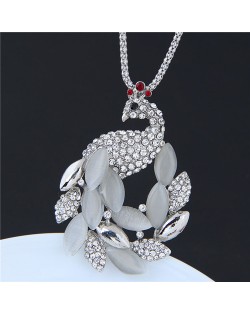 Rhinestone and Opal Inlaid Shining Peacock Pendant Long Chain Fashion Necklace - Silver