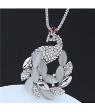 Rhinestone and Opal Inlaid Shining Peacock Pendant Long Chain Fashion Necklace - Silver