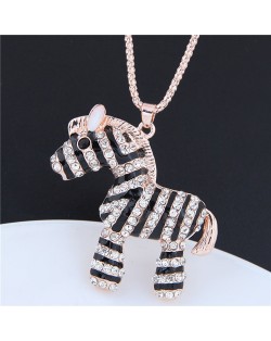 Rhinestone Embellished Zebra Pendant Long Chain Fashion Costume Necklace