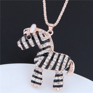 Rhinestone Embellished Zebra Pendant Long Chain Fashion Costume Necklace