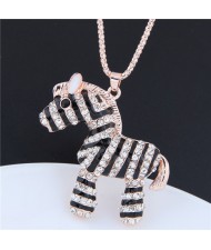 Rhinestone Embellished Zebra Pendant Long Chain Fashion Costume Necklace