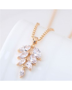 Cubic Zirconia Leaf Pendant Delicate Design Fashion Costume Necklace - Golden