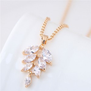 Cubic Zirconia Leaf Pendant Delicate Design Fashion Costume Necklace - Golden
