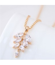 Cubic Zirconia Leaf Pendant Delicate Design Fashion Costume Necklace - Golden