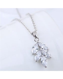Cubic Zirconia Leaf Pendant Delicate Design Fashion Costume Necklace - Silver
