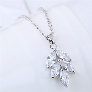 Cubic Zirconia Leaf Pendant Delicate Design Fashion Costume Necklace - Silver