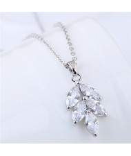 Cubic Zirconia Leaf Pendant Delicate Design Fashion Costume Necklace - Silver