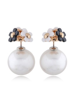 Black and White Flowers Decorated Pearl Fashion Stud Earrings