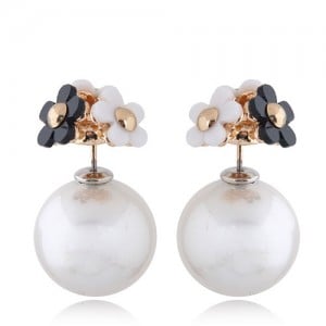 Black and White Flowers Decorated Pearl Fashion Stud Earrings