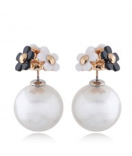 Black and White Flowers Decorated Pearl Fashion Stud Earrings