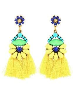 Resin Beads Combined Flower with Cotton Threads Tassel Design Summer Fashion Statement Earrings - Yellow