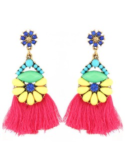 Resin Beads Combined Flower with Cotton Threads Tassel Design Summer Fashion Statement Earrings - Red