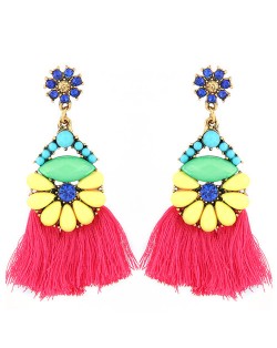 Resin Beads Combined Flower with Cotton Threads Tassel Design Summer Fashion Statement Earrings - Red