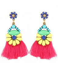 Resin Beads Combined Flower with Cotton Threads Tassel Design Summer Fashion Statement Earrings - Red