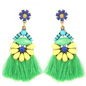 Resin Beads Combined Flower with Cotton Threads Tassel Design Summer Fashion Statement Earrings - Green