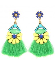 Resin Beads Combined Flower with Cotton Threads Tassel Design Summer Fashion Statement Earrings - Green