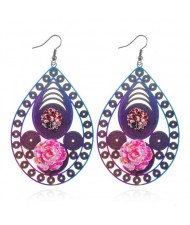 Vivid Flowers Decorated Dimensional Waterdrop Chunky Fashion Statement Earrings