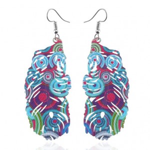 Hollow Floral Printing Feather Pendant High Fashion Women Statement Earrings