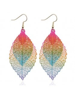 Vintage Hollow Color Printing Two Leaves Pendant High Fashion Earrings - Multicolor