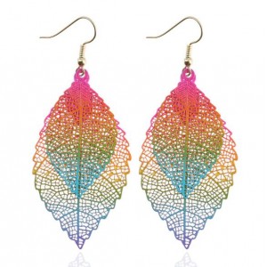 Vintage Hollow Color Printing Two Leaves Pendant High Fashion Earrings - Multicolor