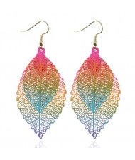 Vintage Hollow Color Printing Two Leaves Pendant High Fashion Earrings - Multicolor
