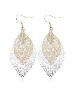 Vintage Hollow Color Printing Two Leaves Pendant High Fashion Earrings - Golden and Silver