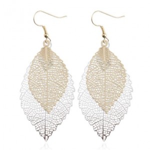 Vintage Hollow Color Printing Two Leaves Pendant High Fashion Earrings - Golden and Silver