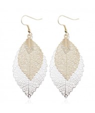 Vintage Hollow Color Printing Two Leaves Pendant High Fashion Earrings - Golden and Silver