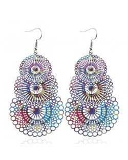 Hollow Triple Layers Flower Printing Waterdrops Pendant Chunky Fashion Women Statement Earrings