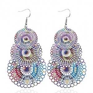 Hollow Triple Layers Flower Printing Waterdrops Pendant Chunky Fashion Women Statement Earrings
