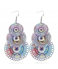 Hollow Triple Layers Flower Printing Waterdrops Pendant Chunky Fashion Women Statement Earrings