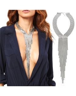 Long Alloy Tassel Chunky Style High Fashion Women Statement Necklace - Silver