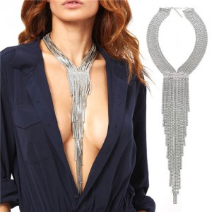 Long Alloy Tassel Chunky Style High Fashion Women Statement Necklace - Silver
